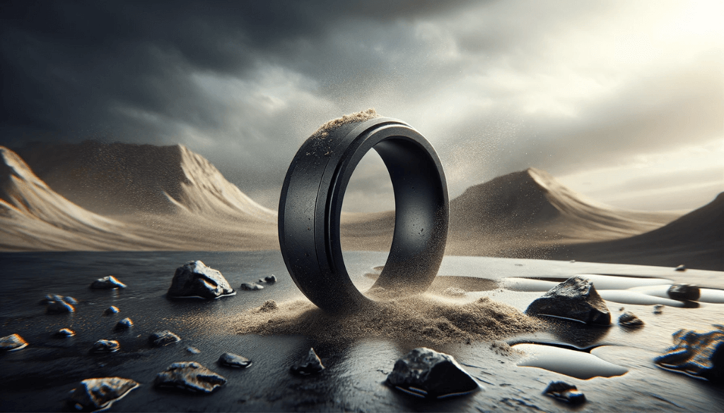 Black silicone ring on a rugged surface with a harsh landscape background.