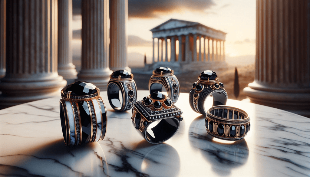 Ancient Greek and Roman rings with onyx and black diamonds on a marble surface.