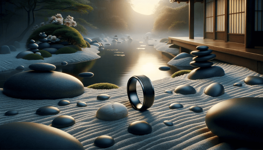 Titanium black ring on a pebbled surface near a stream at twilight.