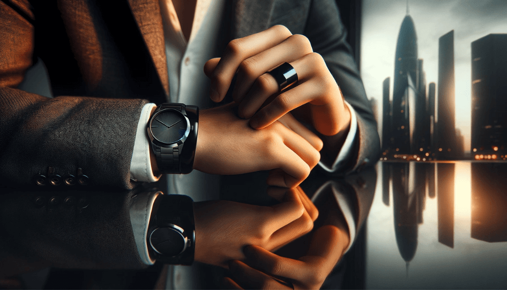 Artistic view of a black titanium ring on a glossy surface with urban skyline reflection.