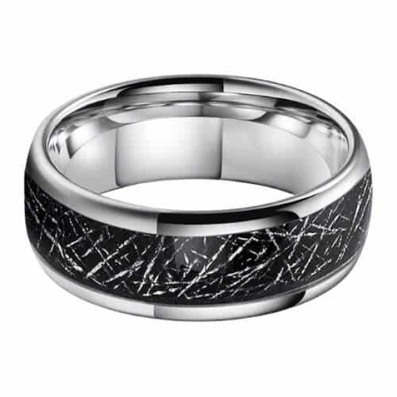 Bague bombée en tungstène noir pour homme avec incrustation d'imitation météorite