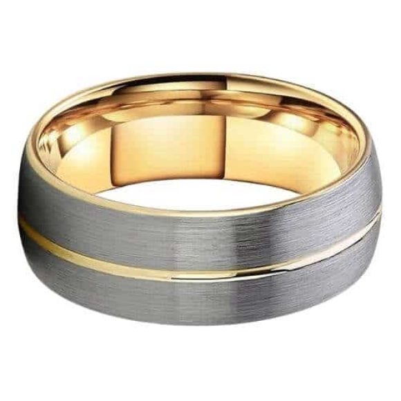 bague homme en argent brossé avec bande dorée au centre tungstène 8mm