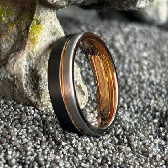 Bague en tungstène pour homme en noir, argent et or rose