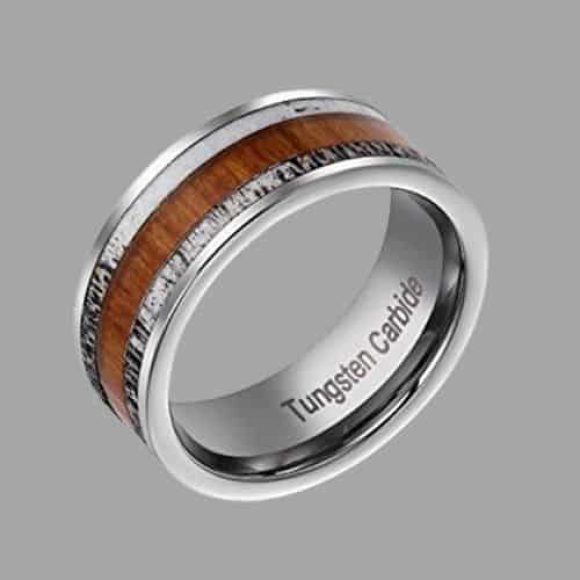 Bague en tungstène argenté avec incrustations de bois naturel et bois de cerf naturellement perdu