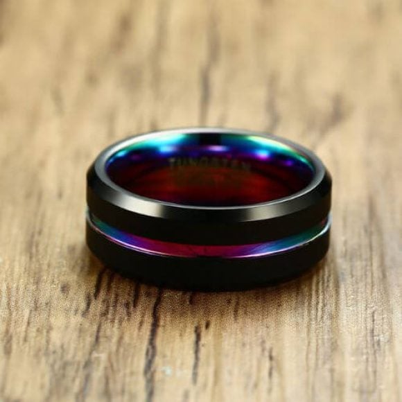 Bague en tungstène noir pour hommes aux couleurs arc-en-ciel de la fierté gay, design de style moderne de 6 mm ou 8 mm