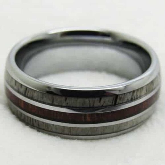 bague en bois de cerf pour homme avec bande de bois sur tungstène argenté 8 mm
