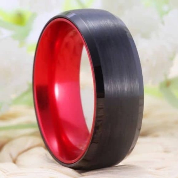 Bague en tungstène noir pour hommes avec intérieur rouge, ajustement confortable brossé