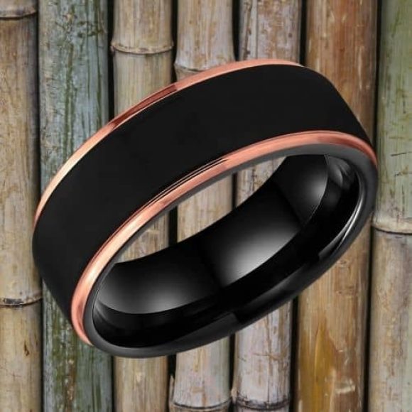 Bague en carbure de tungstène pour hommes - Noir et Or Rose 8 mm confort fit