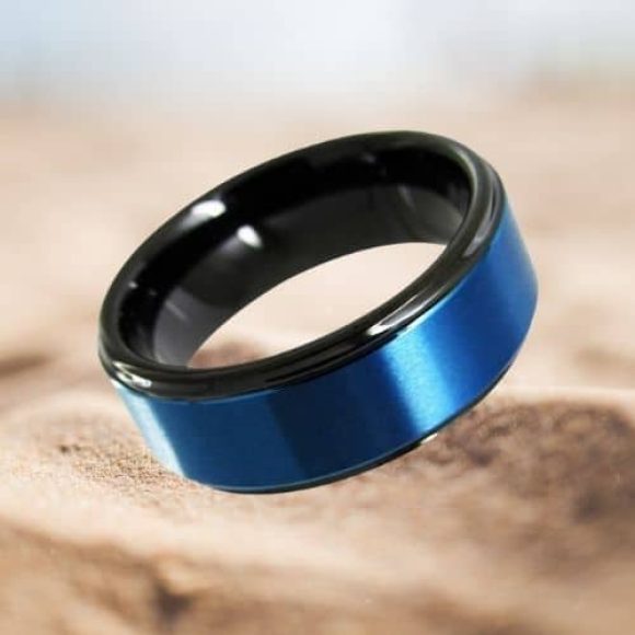 Bague en tungstène noir et bleu conçue pour les hommes, ajustement confortable