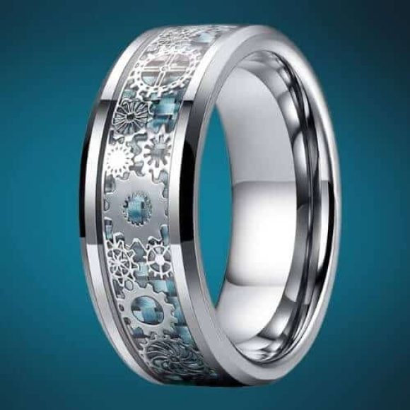 bague en argent tunsgten pour hommes avec motif de roue dentée bleue 8 mm dans toutes les tailles