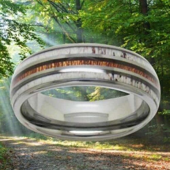 bague en bois pour homme avec bois de cerf 8 mm en argent tungstène