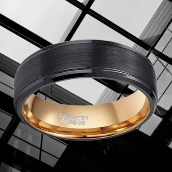 Bague homme en tungstène noir et or rose