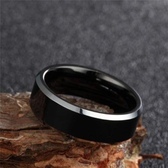 Bague en tungstène noir et argent poli pour homme
