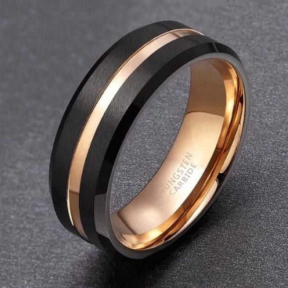 Bague Noir et Or pour Homme - Carbure de Tungstène confort fit 8mm