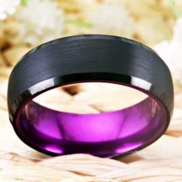 bague homme noir et violet carbure de tungstène 8mm brossé