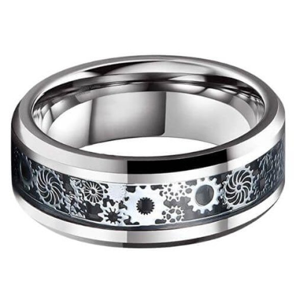 Évasion – Bague en tungstène argenté avec incrustation de fibre de carbone Bague homme tungstène et fibre de carbone 6mm ou 8mm avec rouages de montre argent noir