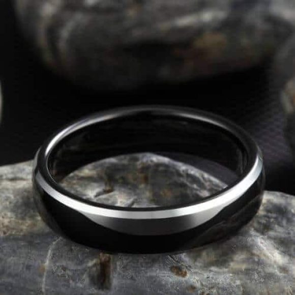 Bague en tungstène bombé noir et argent de 4mm, design fin et moderne, poli
