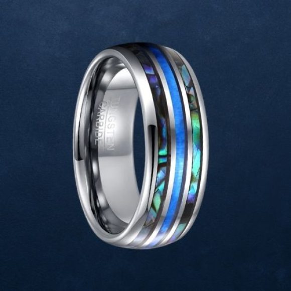 Bague en carbure de tungstène pour hommes avec coquille d'ormeau et opale de feu bleue, ajustement confortable
