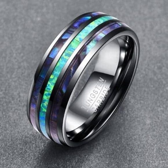 Bague en coquille d'ormeau et opale pour hommes en tungstène argenté dans toutes les tailles, design de style moderne