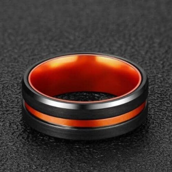Bague en tungstène noir et orange pour homme, 8 mm, design de style moderne