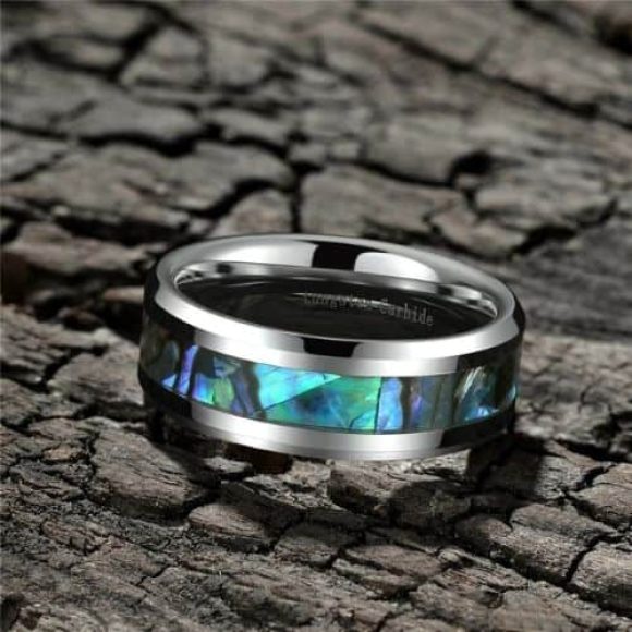 Bague en carbure de tungstène pour hommes avec coquille d'ormeau, ajustement confortable de 6 mm