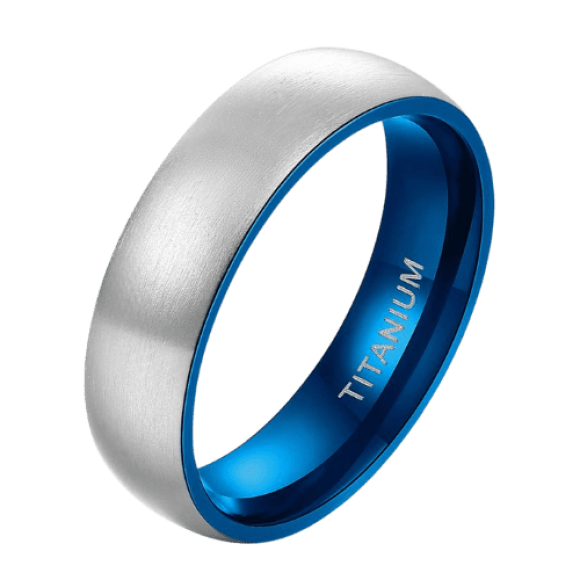 Bague en titane argenté brossé avec bords et intérieur bleus - Bague pour homme au design de style moderne