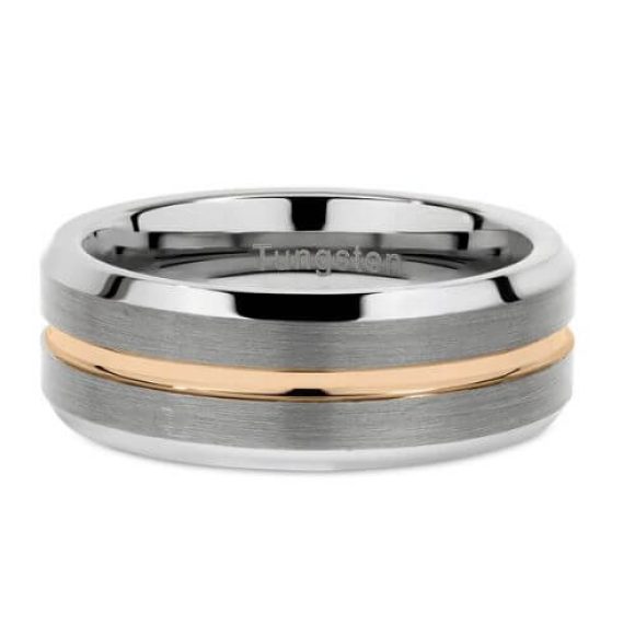 Bague en tungstène pour hommes, en argent, avec bande en or rose au milieu, design de style traditionnel moderne, 6 mm
