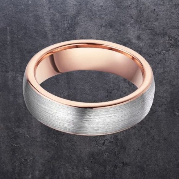 Bague en carbure de tungstène pour homme - Argent brossé et or rose