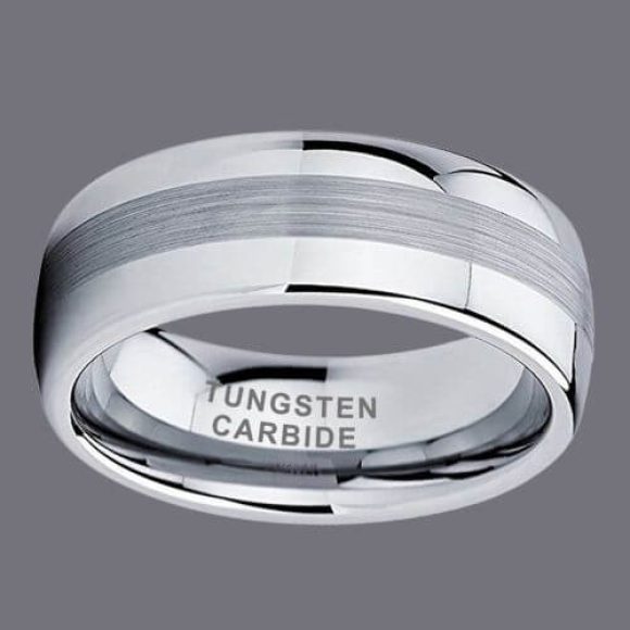 Bague en argent bombée avec centre en argent brossé pour homme, bande de tungstène