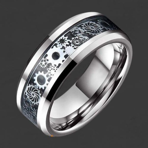 Évasion – Incrustation complexe sertie d’un anneau en tungstène argenté Bracelet pour hommes avec rouages et roues incrustés de style moderne, bracelet en tungstène de 6 mm et 8 mm