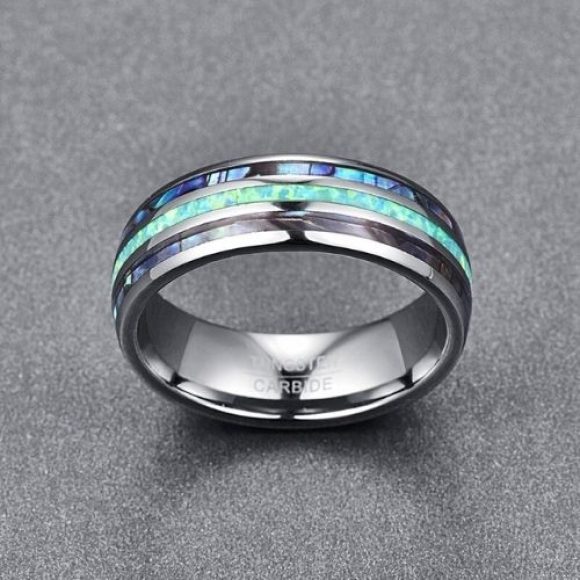 bague en carbure de tungstène pour homme avec coquille d'ormeau et opale