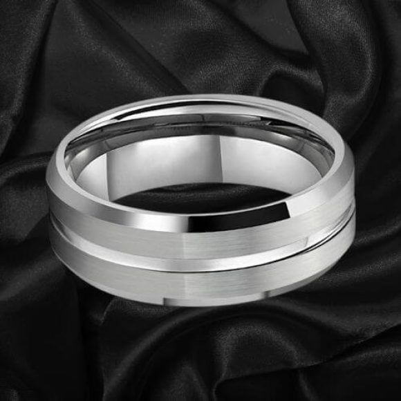 Bague en argent tungstène pour hommes, bande de 6mm et 8mm, jantes brossées, milieu poli