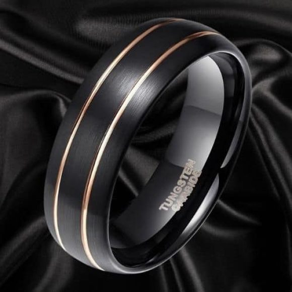 Bague noire pour homme avec deux rainures dorées, ajustement confortable