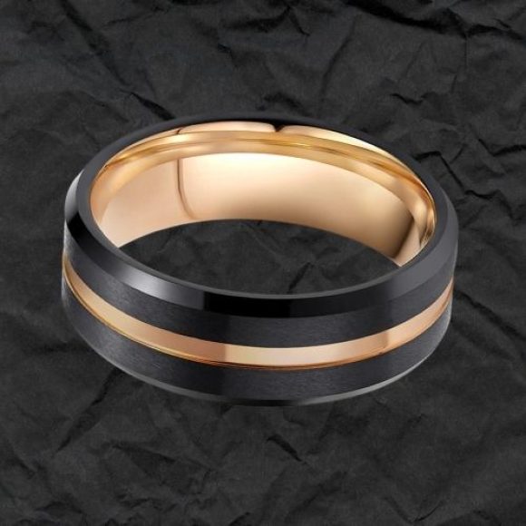 Bague en carbure de tungstène noir et rainure d'or pour hommes, design de style traditionnel et moderne