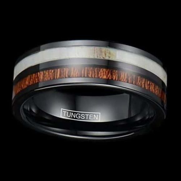 Bague noire et brune pour hommes - tungstène noir, bois brun et os de bois naturel