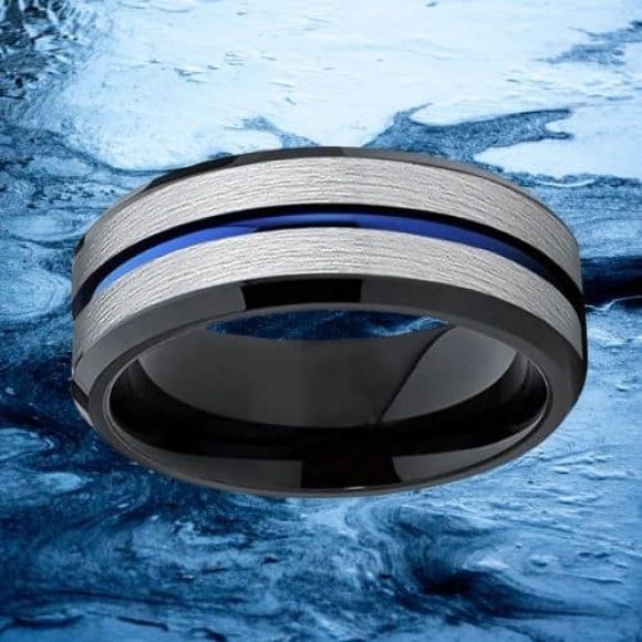 Bague en tungstène pour hommes - Argent, bleu et noir dans toutes les tailles, design de style moderne