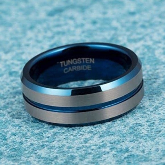 bague en tungstène brossé argent bleu pour homme 8 mm ajustement confortable