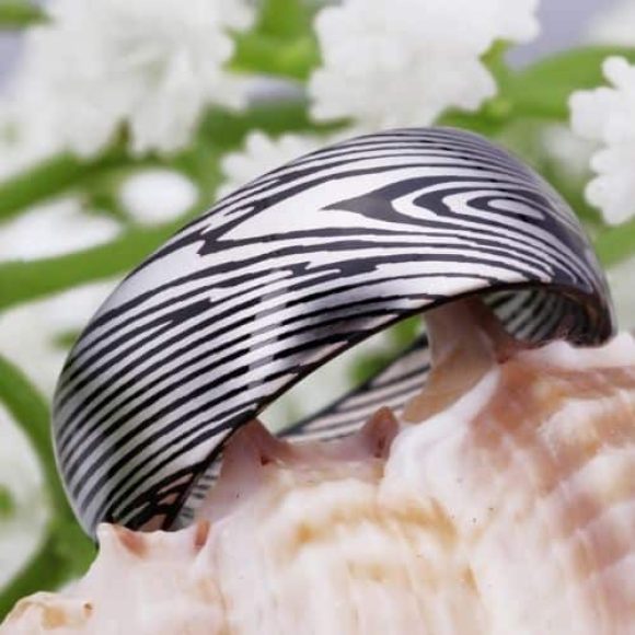 Bague pour homme en carbure de tungstène - Motif acier Damas noir argent