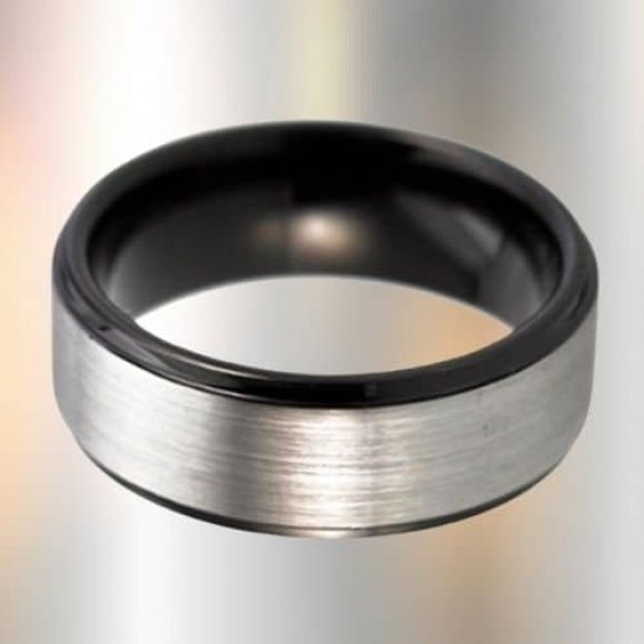 Bague en argent brossé et tungstène noir pour homme, design de style moderne