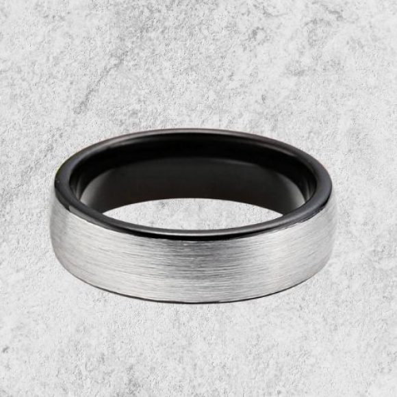 Bague en tungstène pour hommes en argent avec intérieur noir de 6 mm, design de style moderne brossé