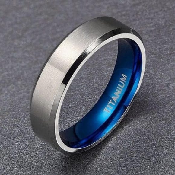 Bague Homme Argent et Bleu - Titane 6mm design style moderne
