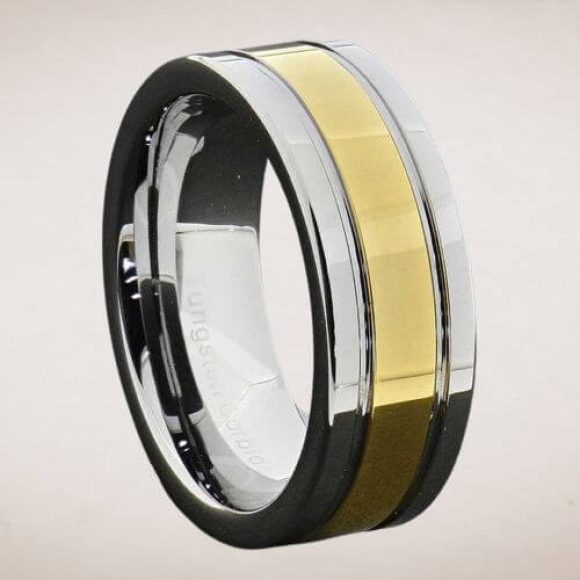 Bague en tungstène pour hommes en argent et or
