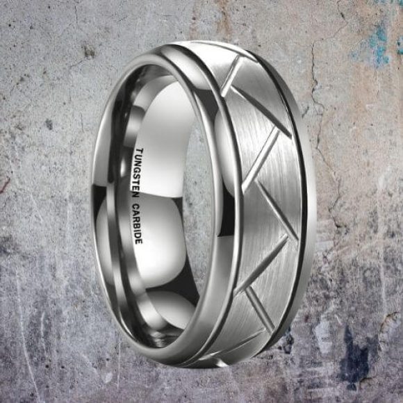 Bague homme en argent tungstène avec rainures
