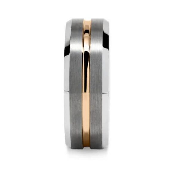 Bague en tungstène argent brossé avec centre en or rose