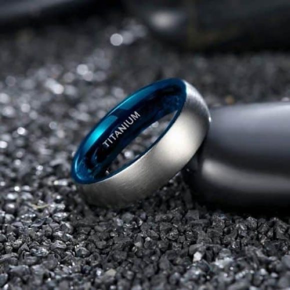 Bague en titane argenté et bleu pour homme, coupe confortable brossée