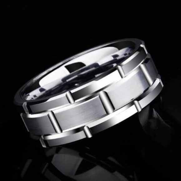 Bague homme en argent tungstène avec motif bloc poli brossé 8mm