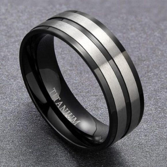 Bague en titane noir et argent pour hommes Bande en titane de 8 mm dans toutes les tailles