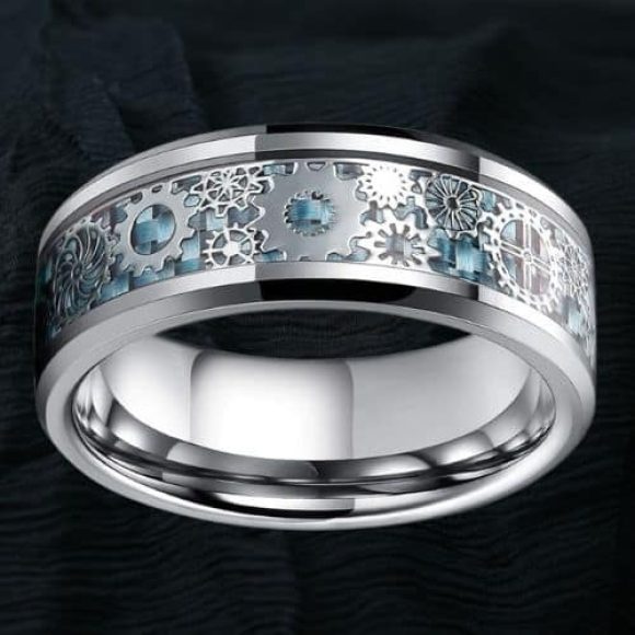 bague bleue pour homme avec un design de style moderne en tungstène argenté