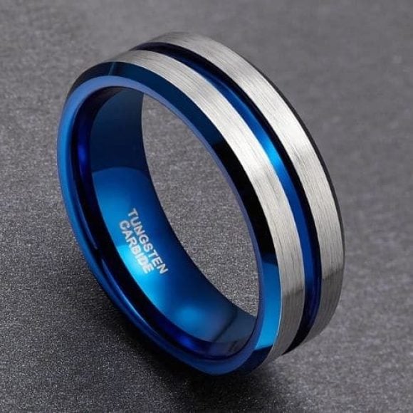 bague pour homme en argent avec bande bleue au design de style moderne 8 mm